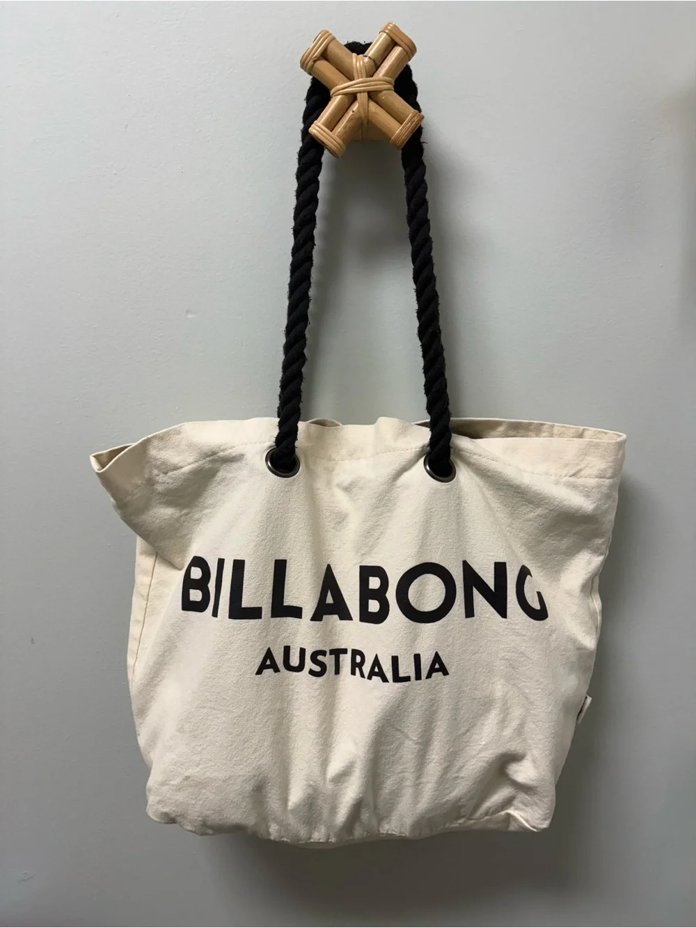Billabong Cream Canvas Tote with Black Rope Handles